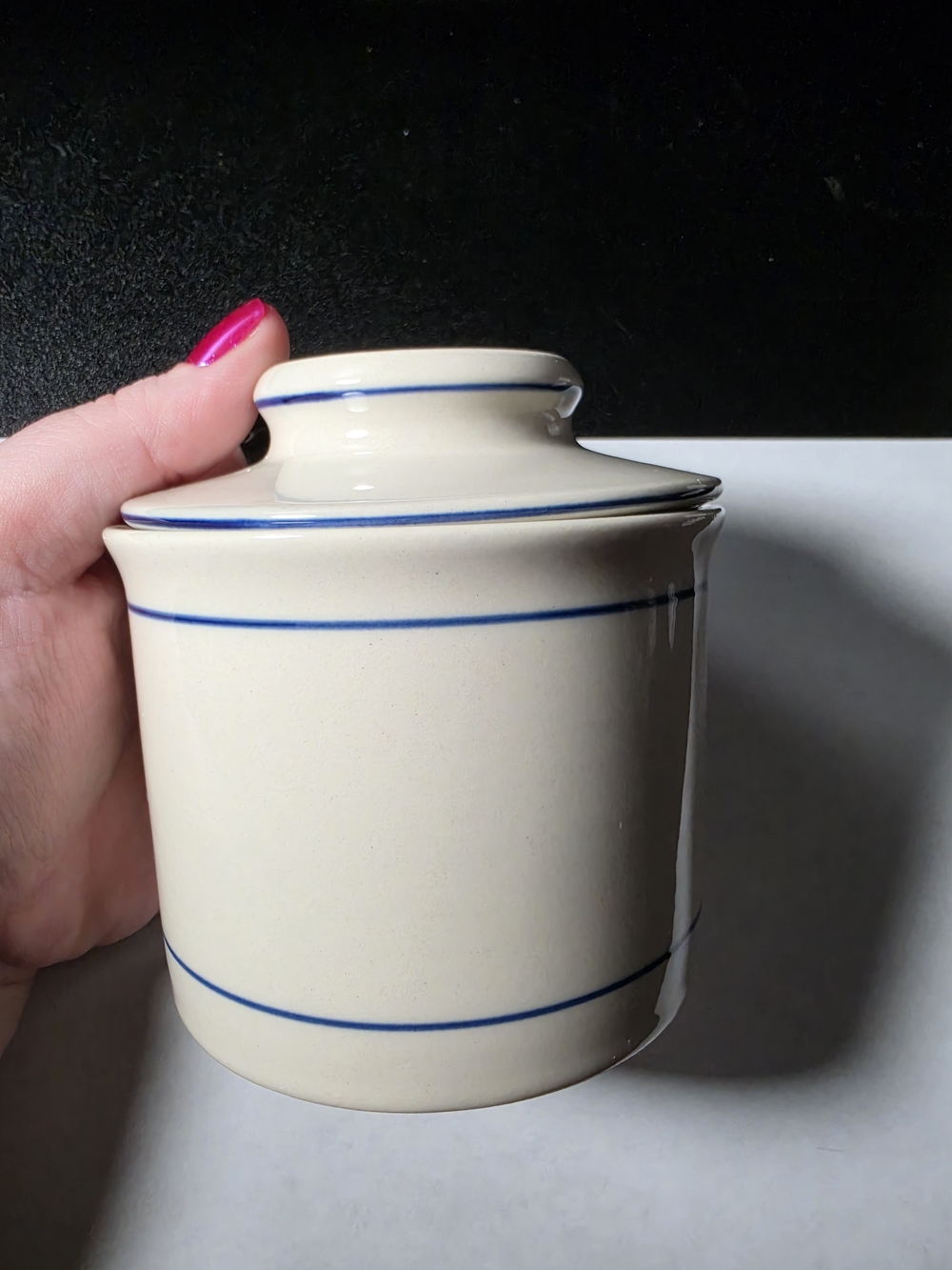 Cream Ceramic Storage Jar with Blue Trim - Classic Kitchen Canister